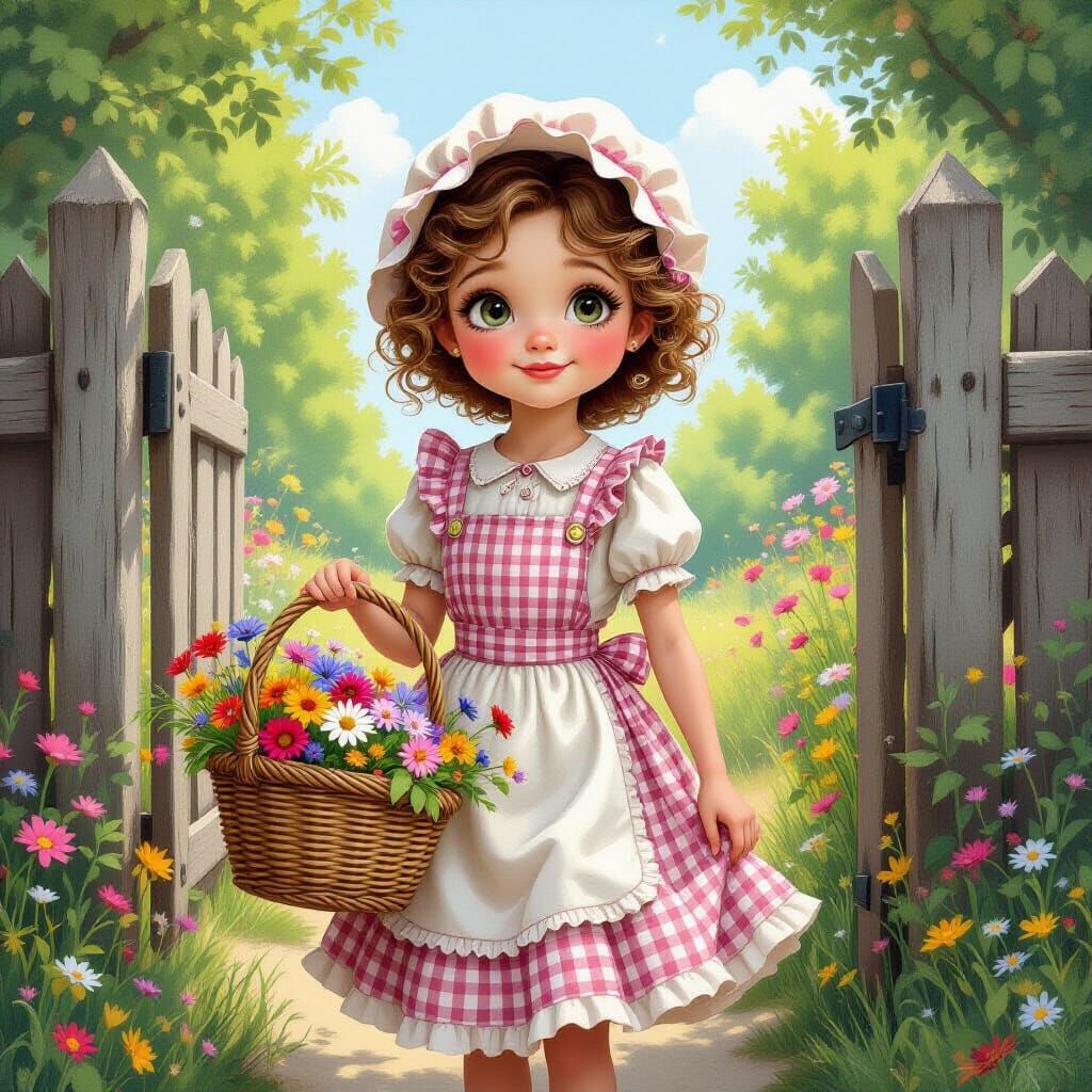 Country Girl with Wild Flower Basket in Whimsical Style