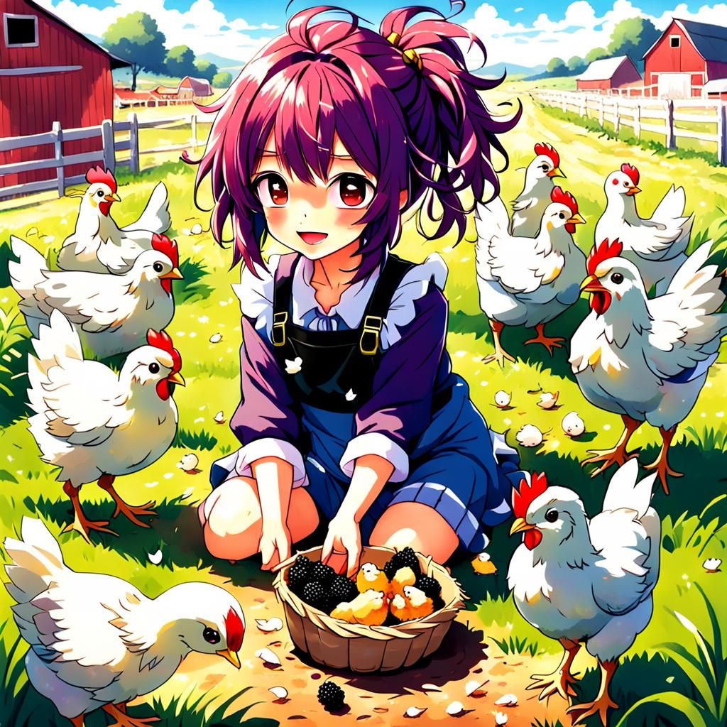 Girl Playing with Chicks in Anime Style