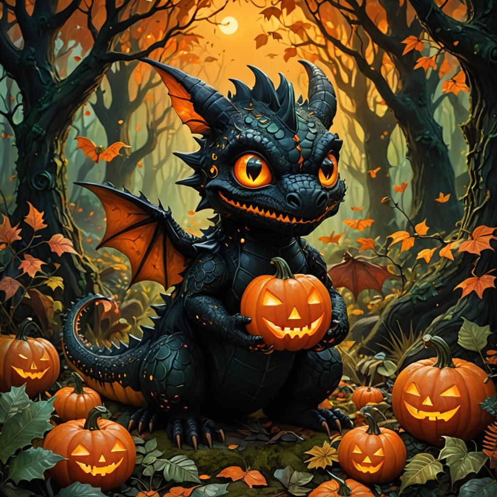 Mystical Black Dragon with Jack-o'-Lantern: Fantasy Art