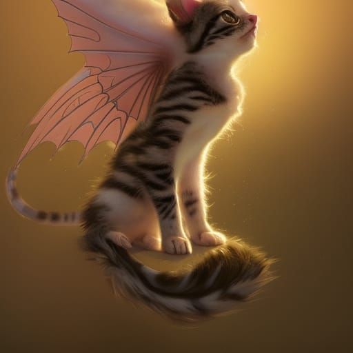 Dragon-Winged Kitten Art in Orange and Teal