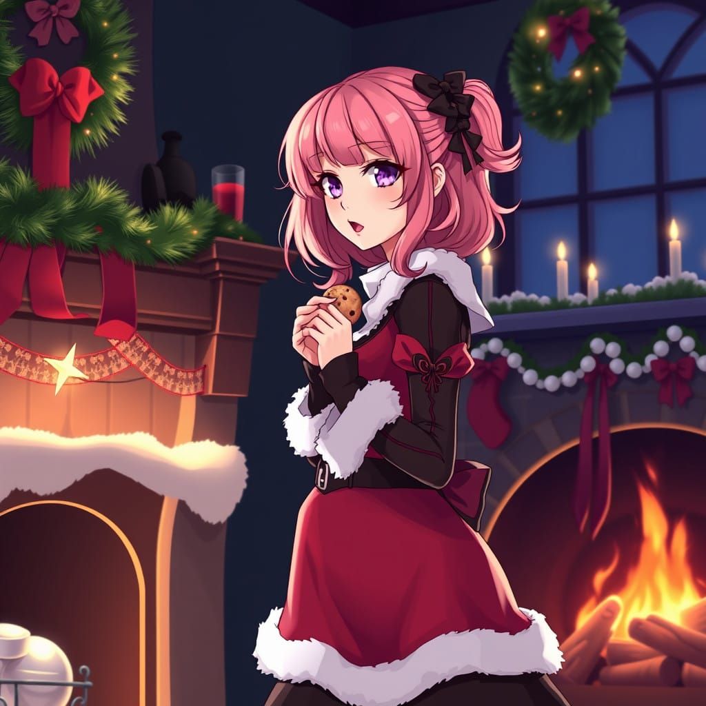 Gothic Santa Goddess Devours Cookie by Cozy Fireplace