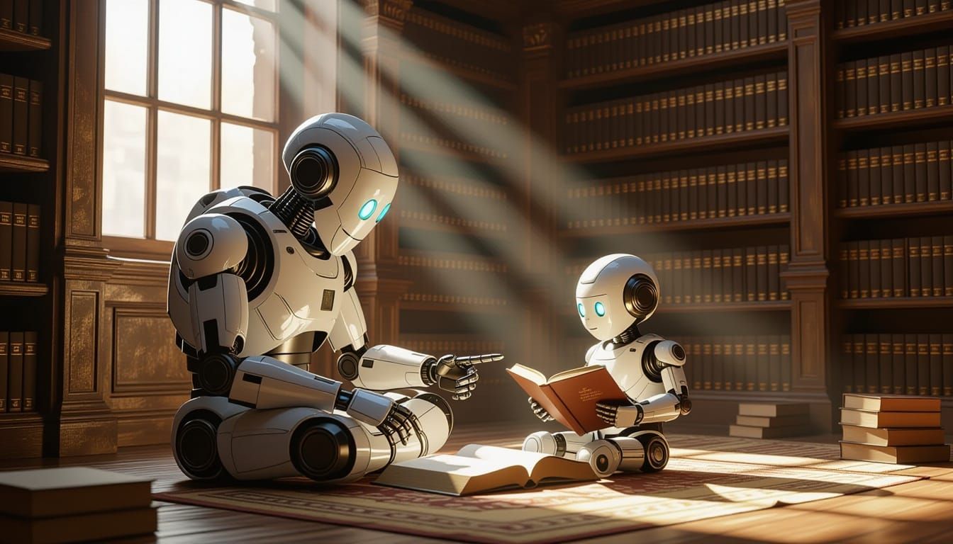 Robot Father Teaches Child to Read in Dusty Library