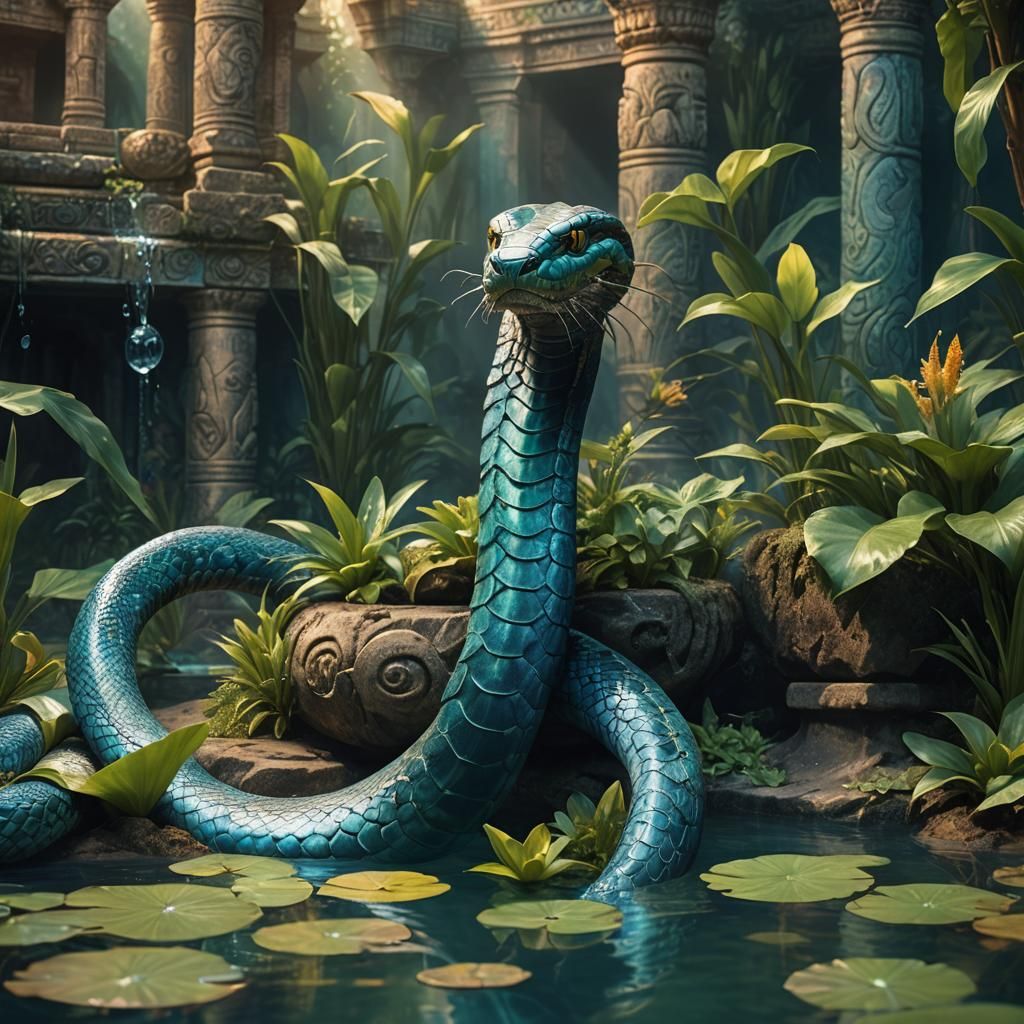 Majestic Water Cobra Rising from Sunken Temple
