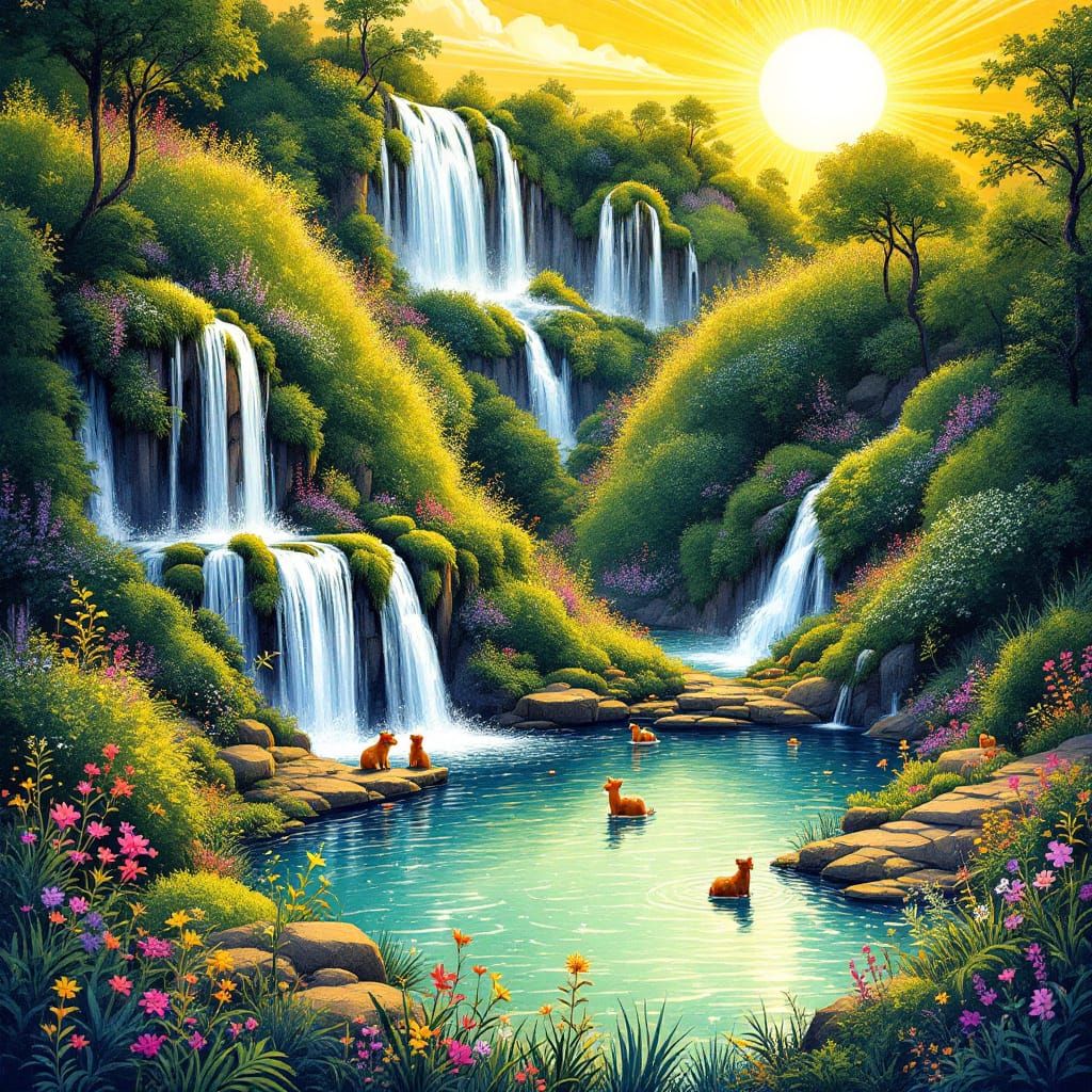 Hillside Waterfall in Alcohol Ink Illustration