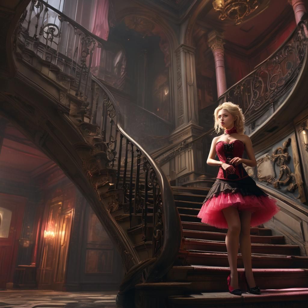 Woman in Red Corset on Grand Staircase