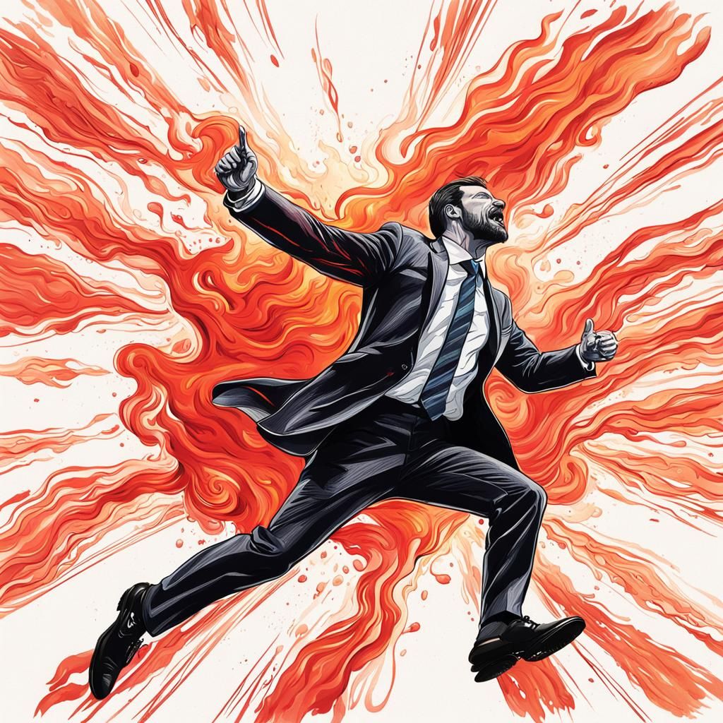 Man in Suit Leaps Over Lava Flames