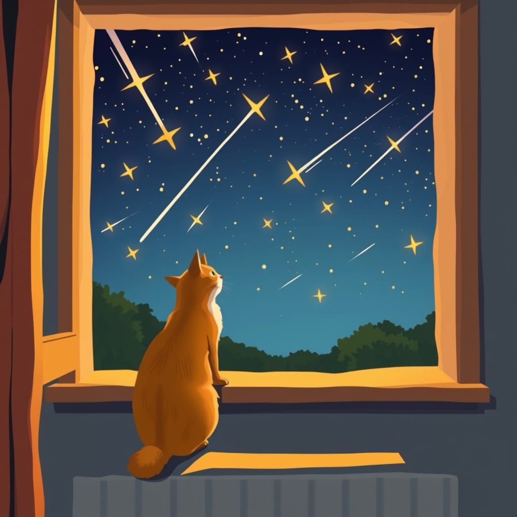 Ginger Cat Watches Shooting Stars in Naive Art Style
