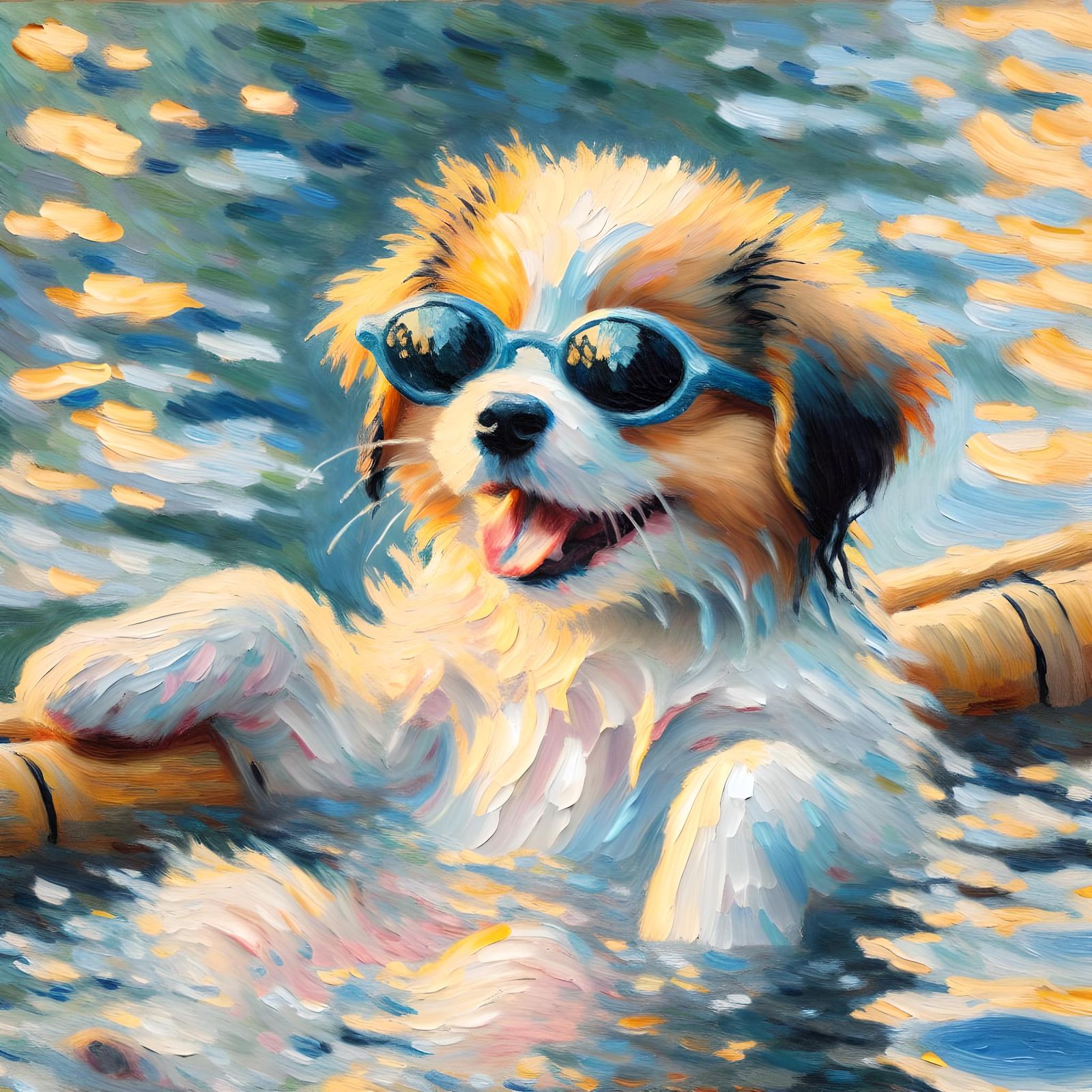 Dog with Sunglasses in Pool as Impressionist Art