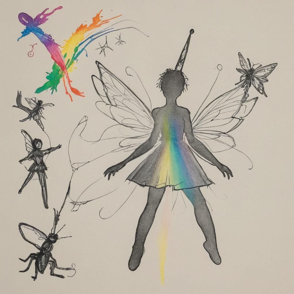 Surreal Child's Crayon Drawing with Toys and Rainbow Fairy