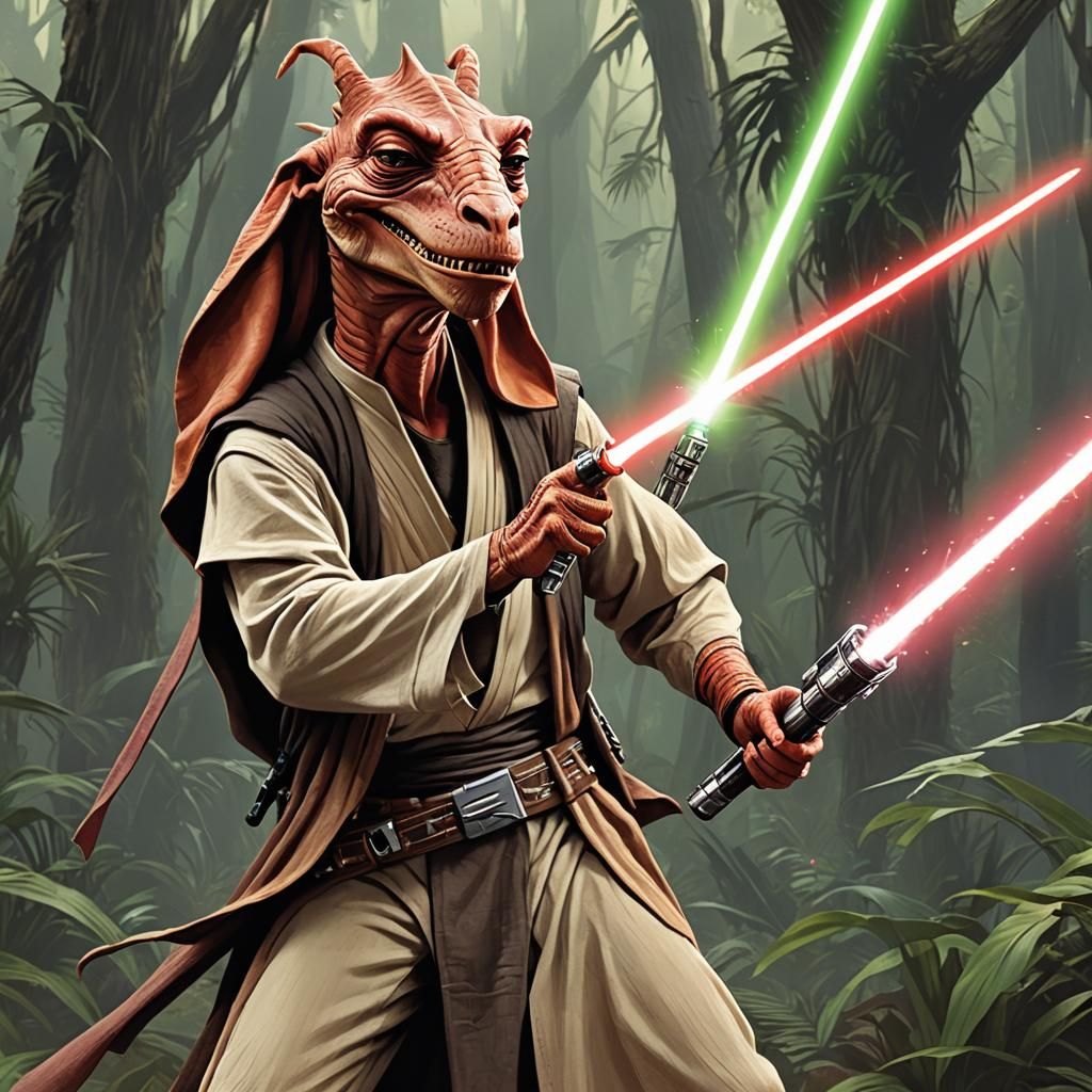 Jar Jar Binks Battles Varactyl with Lightsaber