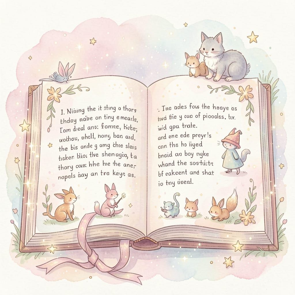 Magical Creatures in an Open Storybook, Watercolor Style
