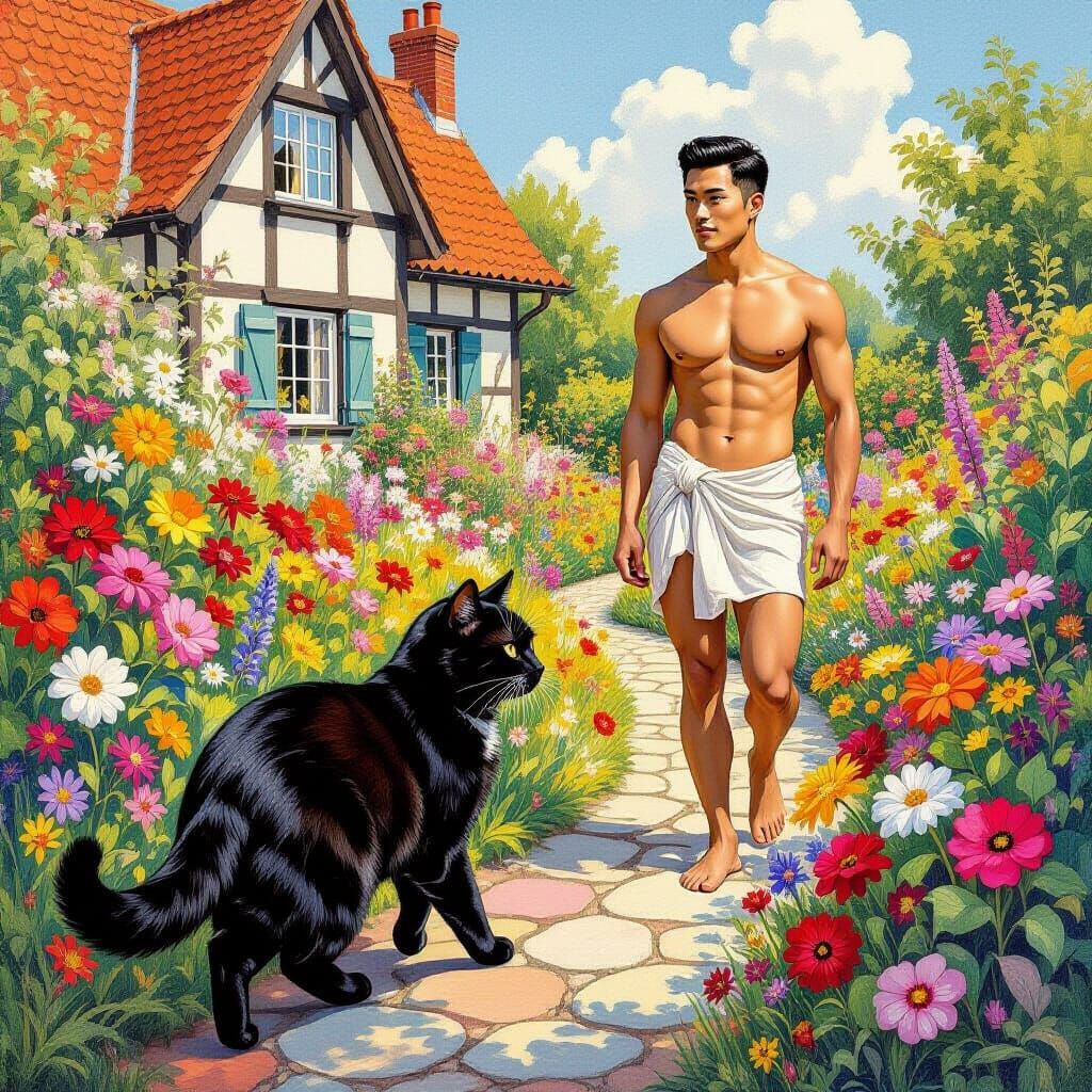 Hyperdetailed Black Cat in Colorful Flower Garden