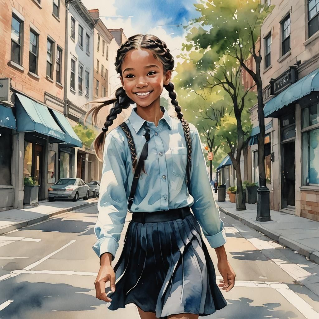Girl with Braids Walking Down the Street