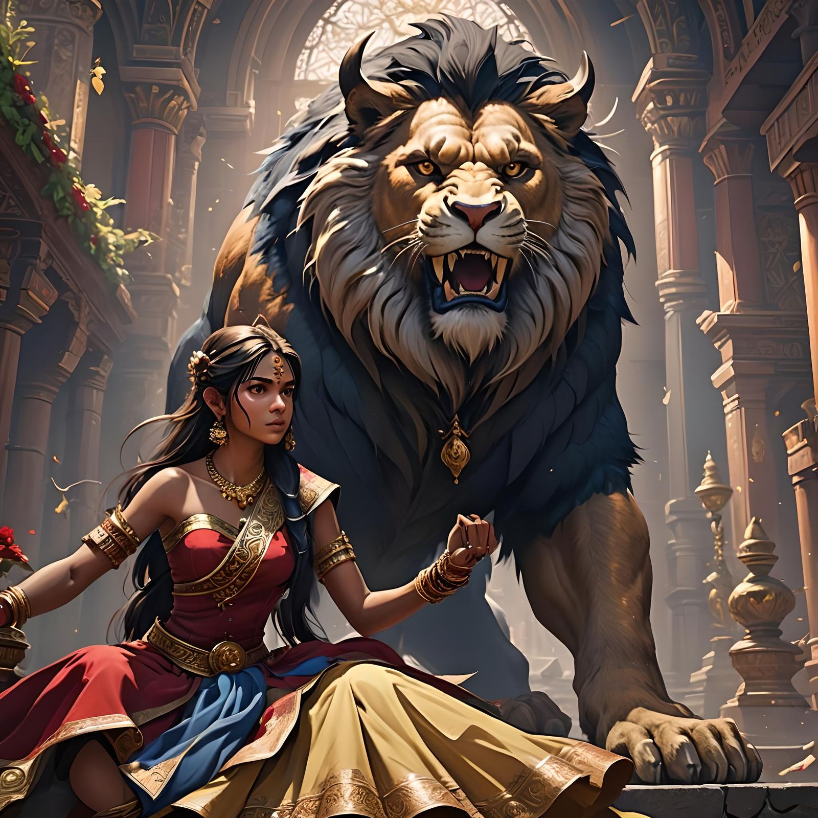 Indian Beauty Taming a Beast in Anime Style