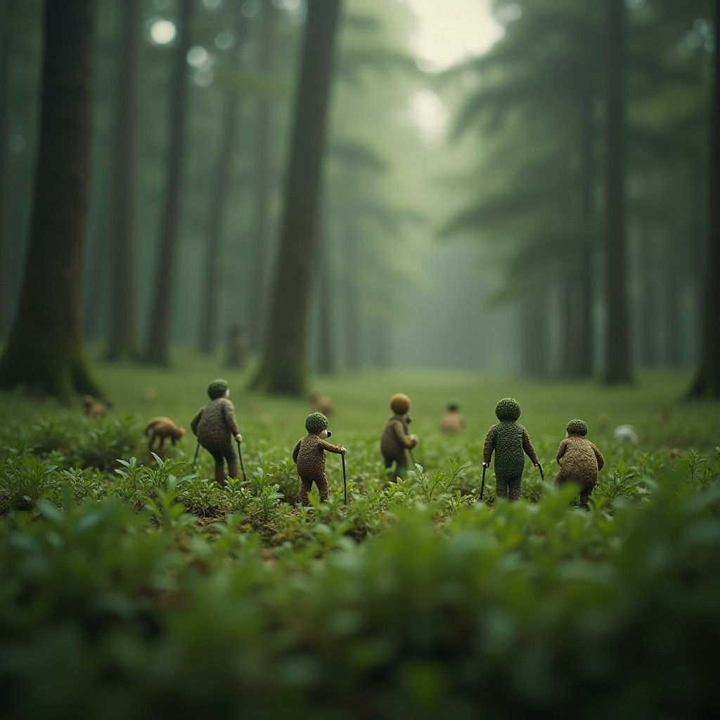 Miniature People Explore a Giant Grass Forest