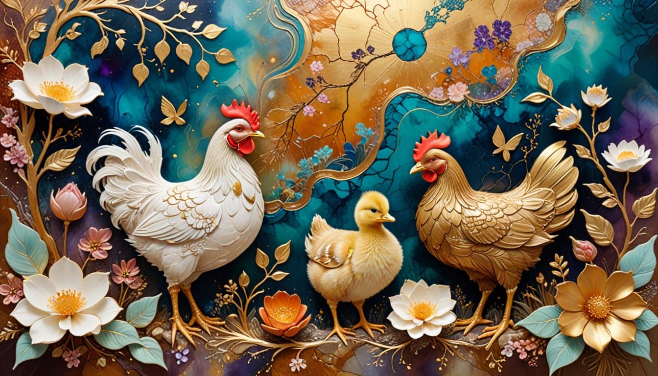 Surreal Chickens and Duckling in Dreamlike Landscape