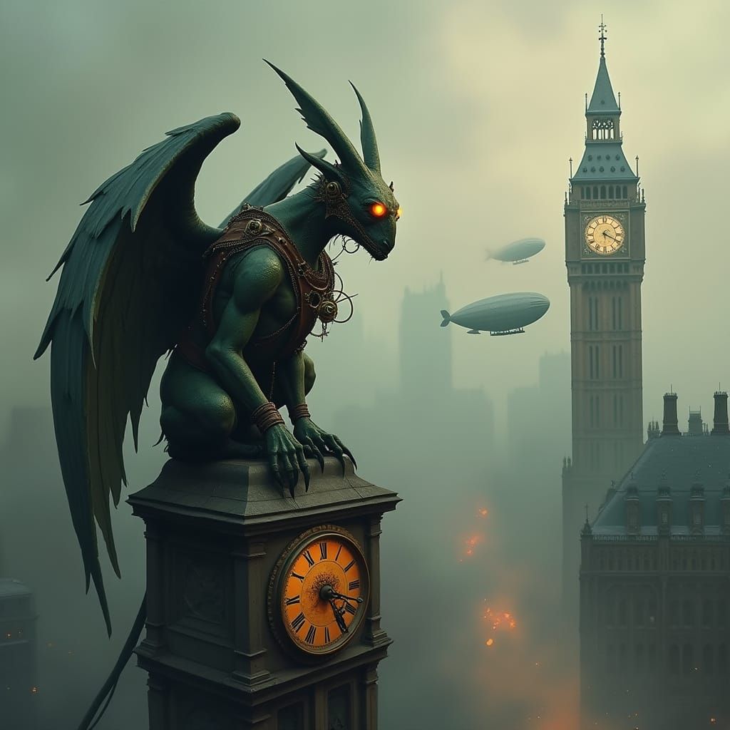 Steampunk Gargoyle on Clock Tower Above Smog City