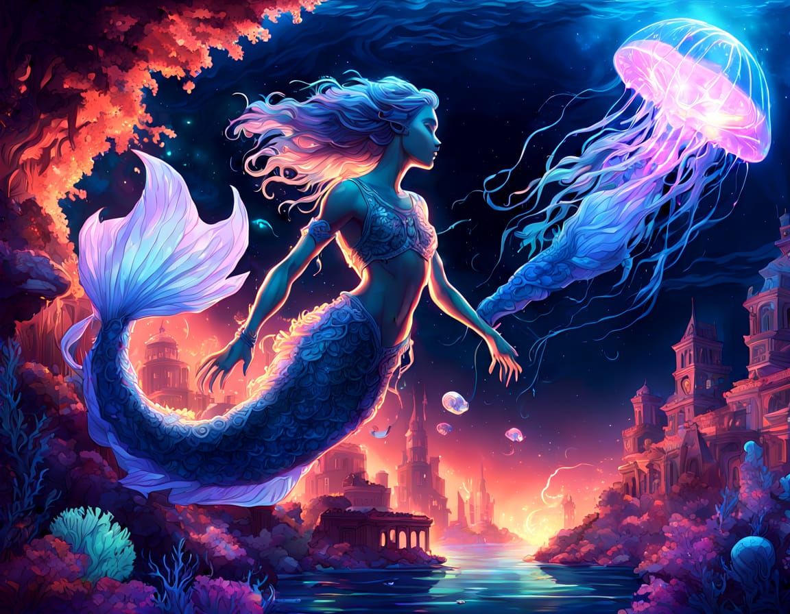 Mystical Merman in Bioluminescent Coral City