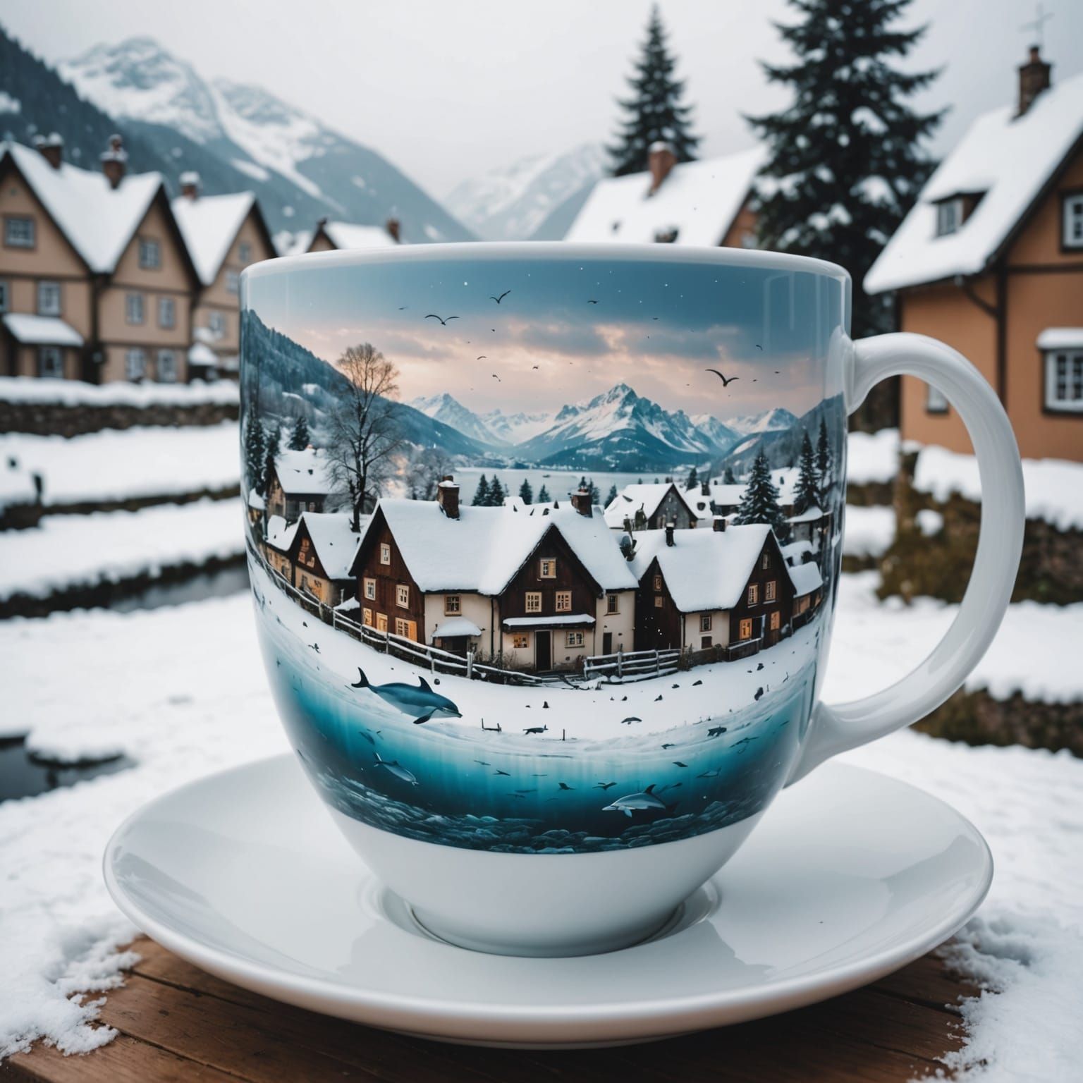 Snowy Village and Dolphins in Coffee Cup