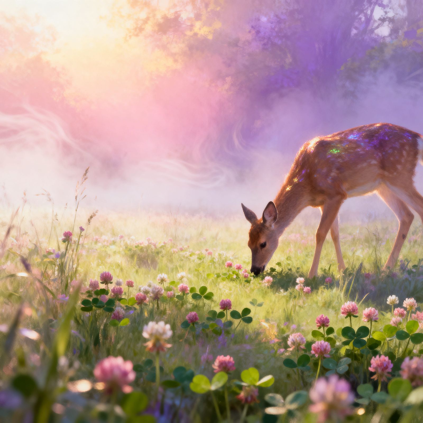 Fantasy Artwork: Misty Meadow with Grazing Deer and Wildflow...