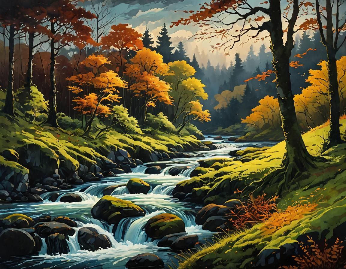 Autumn Forest Riverbank at Dusk as Impasto Painting