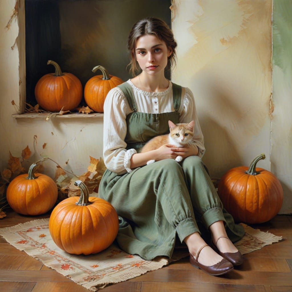Woman with Kitten and Pumpkin, Oil Painting