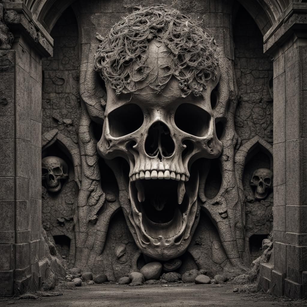 Monumental Skull Wall in Dark Surrealism