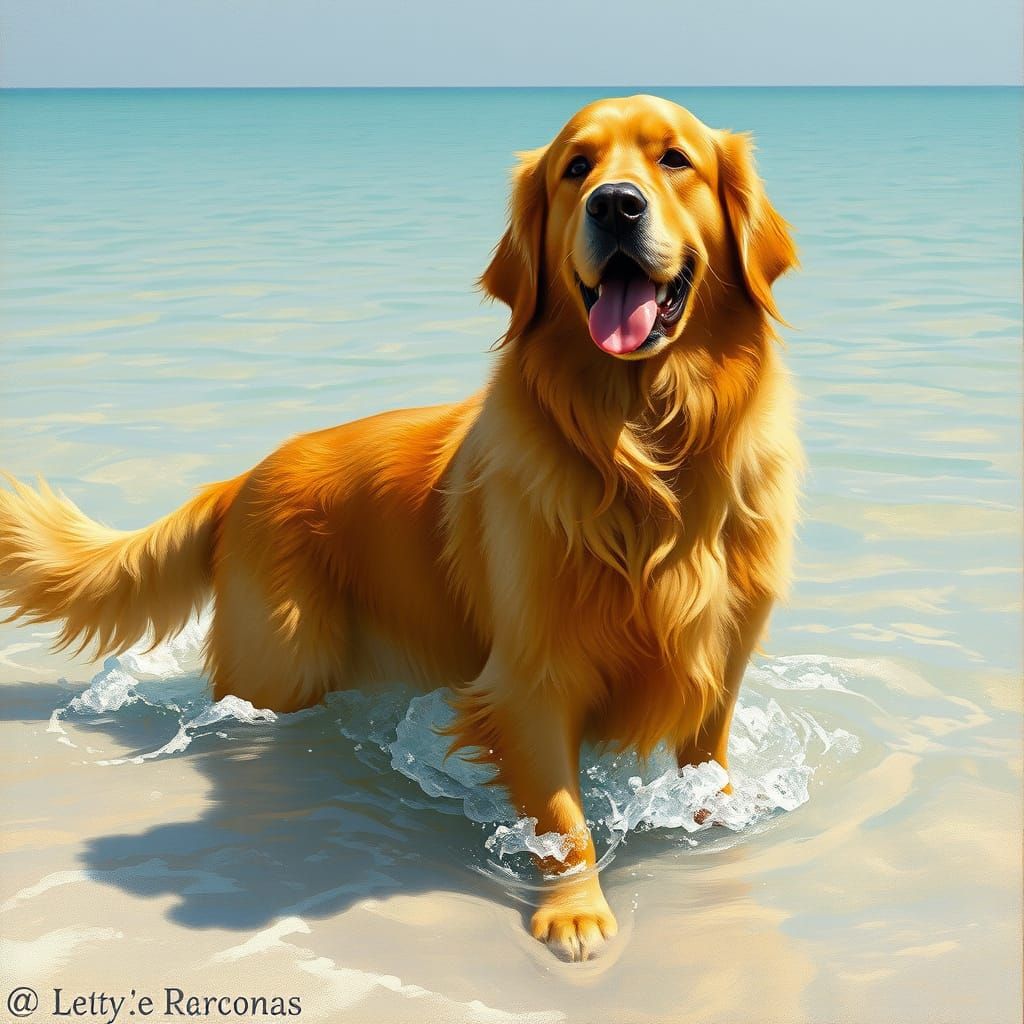 Golden Retriever on Beach with Owner, Impressionistic Style