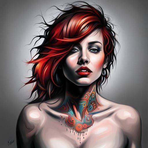 Gothic Woman with Red Hair in Graffiti Art Style