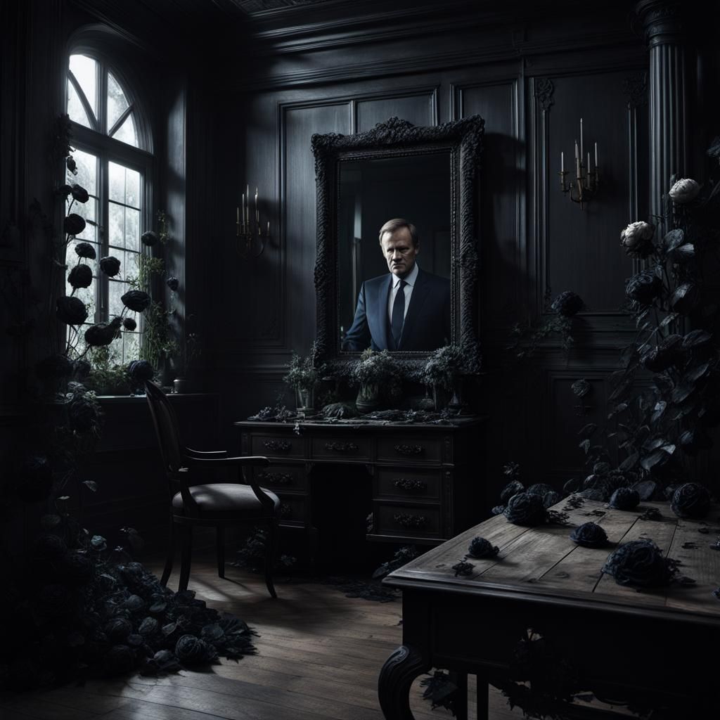 Donald Tusk Apparition in Goth Room, Hyperrealistic