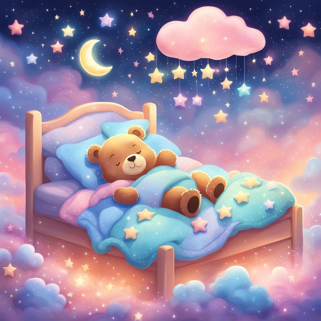 Bed Time Bear Sleeps on a Cloud in a Starry Sky