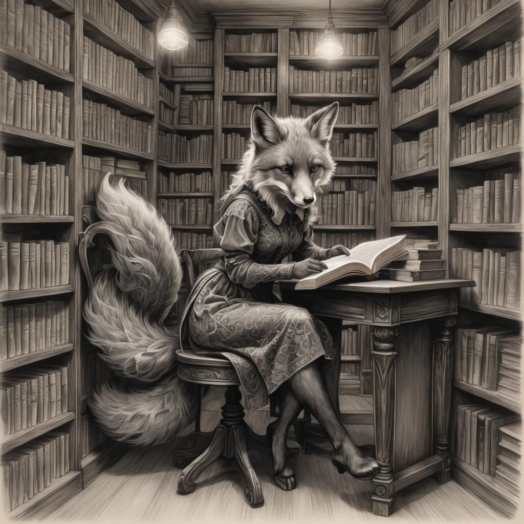 Foxwoman Reads Mystery Book: Charcoal Drawing