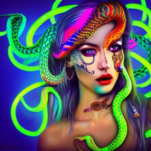 Mystical Snake Woman Portrait in Psychedelic Cyberpunk Style