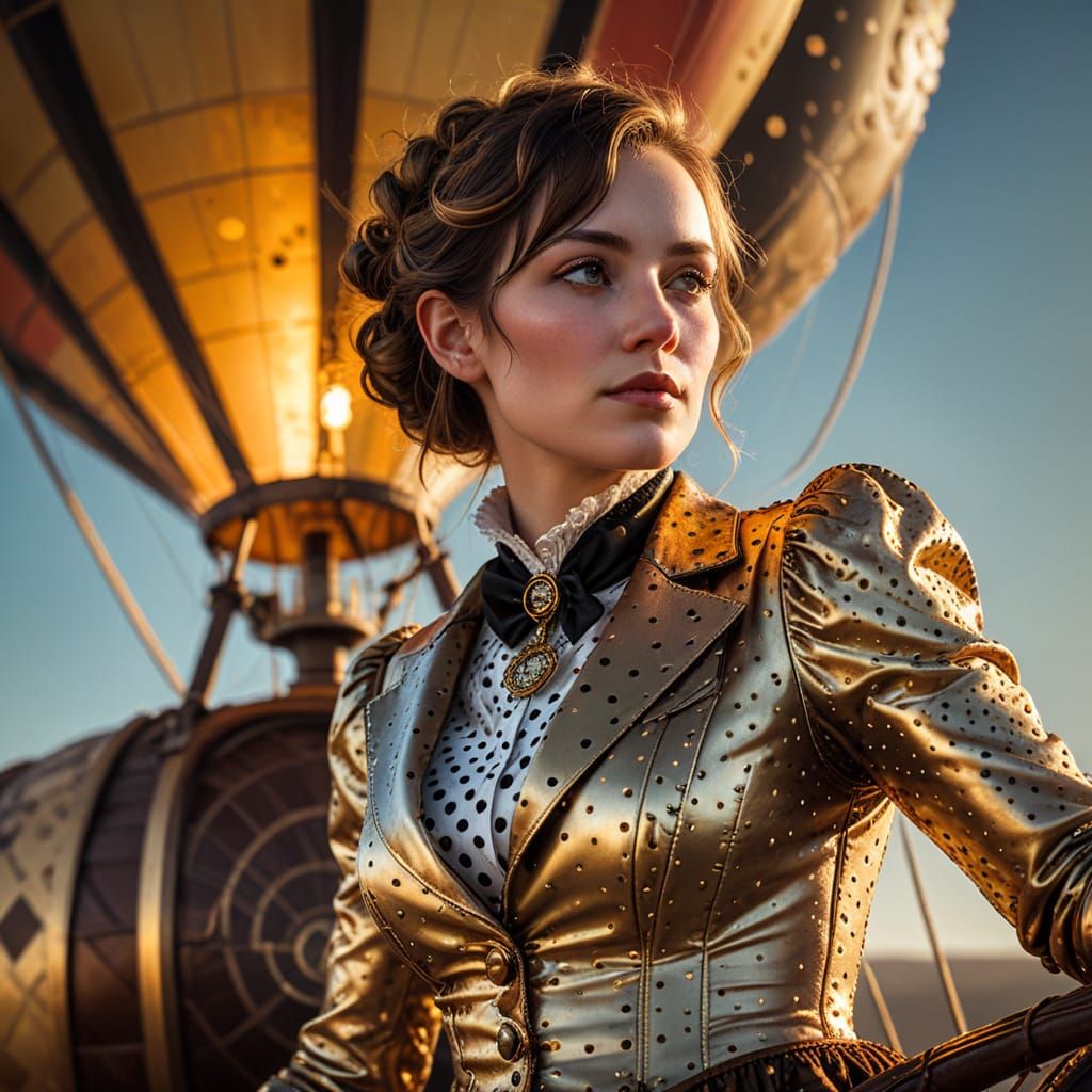 Steampunk Woman Rides Polka Dot Hot Air Balloon