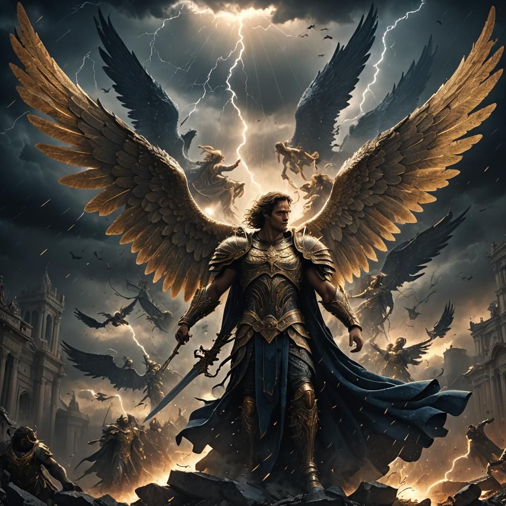Depict the battle between heaven and the fallen angels, The ...