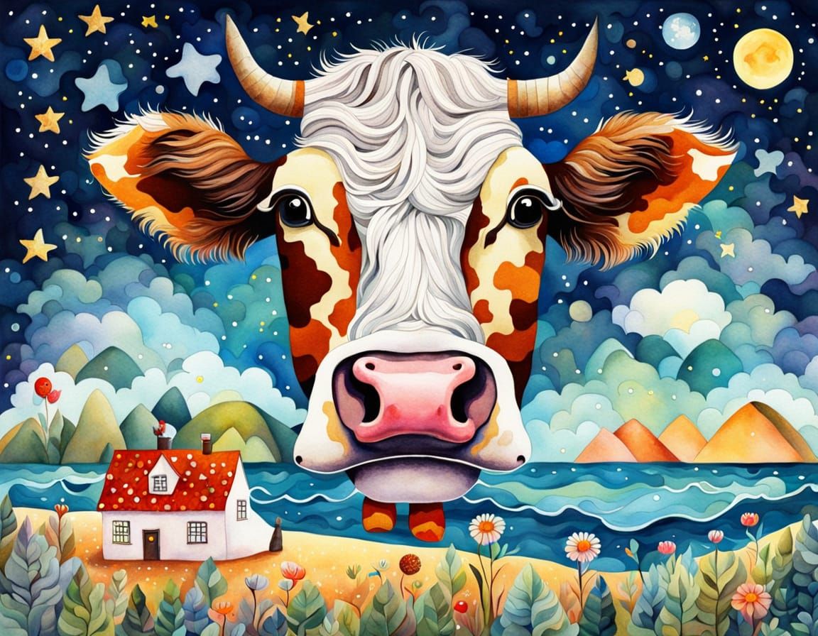 Surreal Cow with Curlers: Dreamlike Landscape Fusion