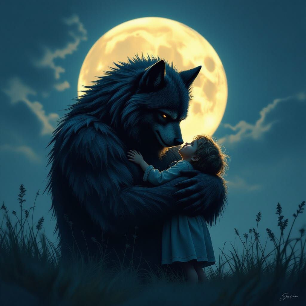 Werewolf Guardian Embraces Child in Moonlit Scene