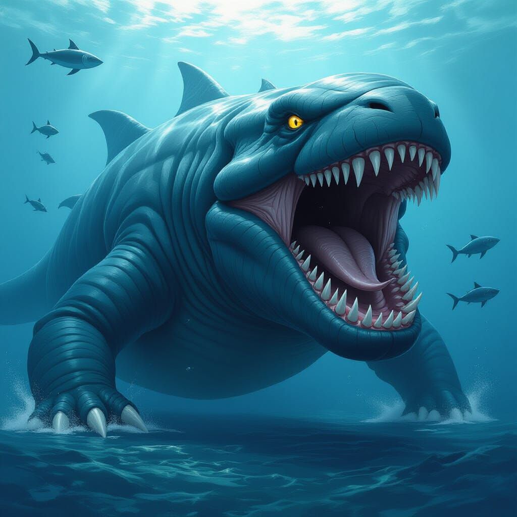 Giant Blue Aquatic Creature with Jaws and Claws