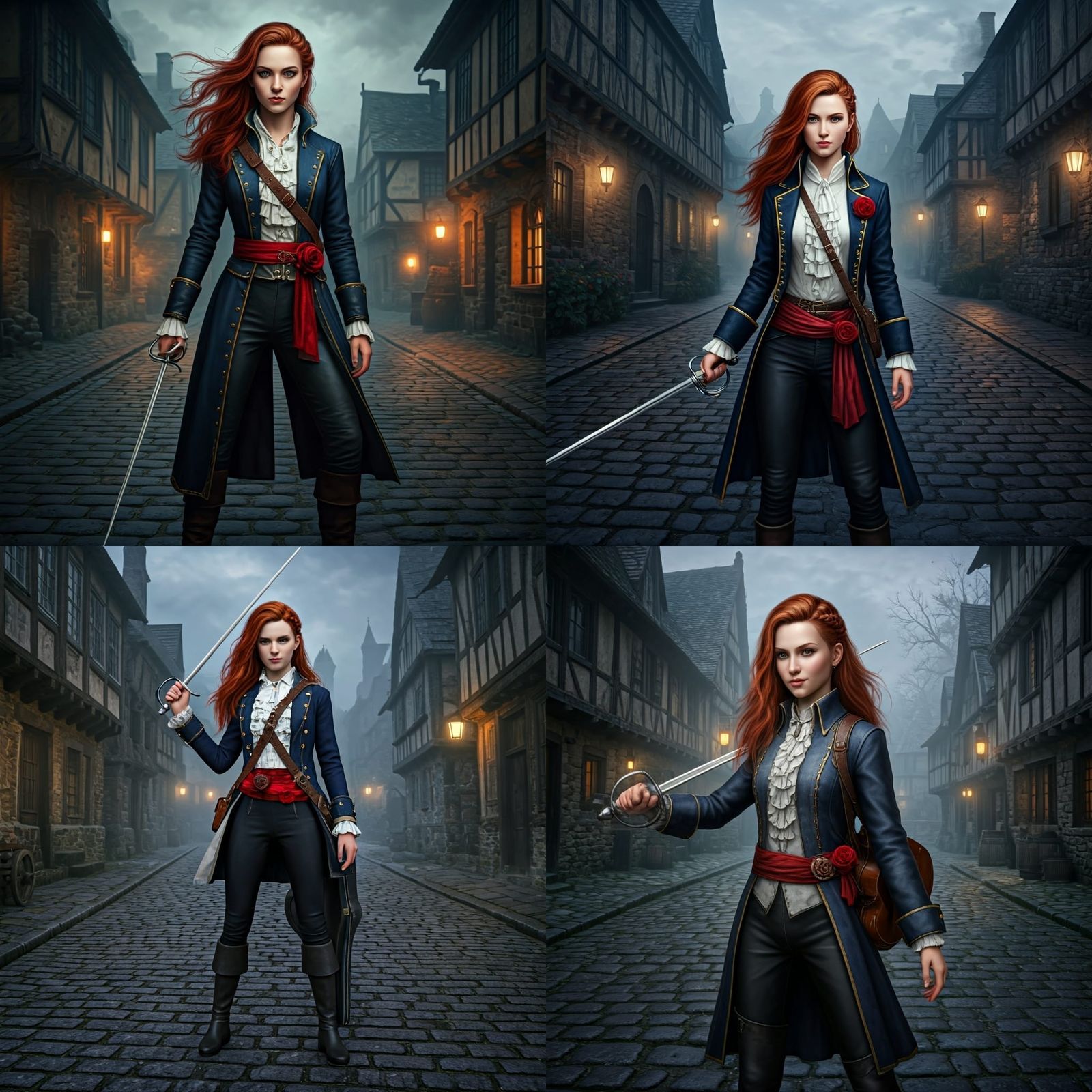 Confident Girl Duelist in Dark Fantasy Village