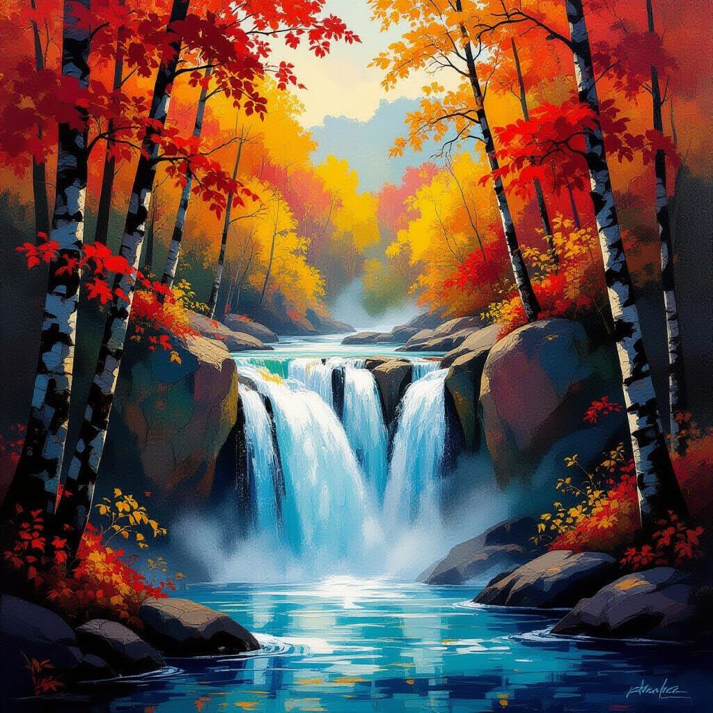 Autumn Waterfall Forest Scene in Abstract Style