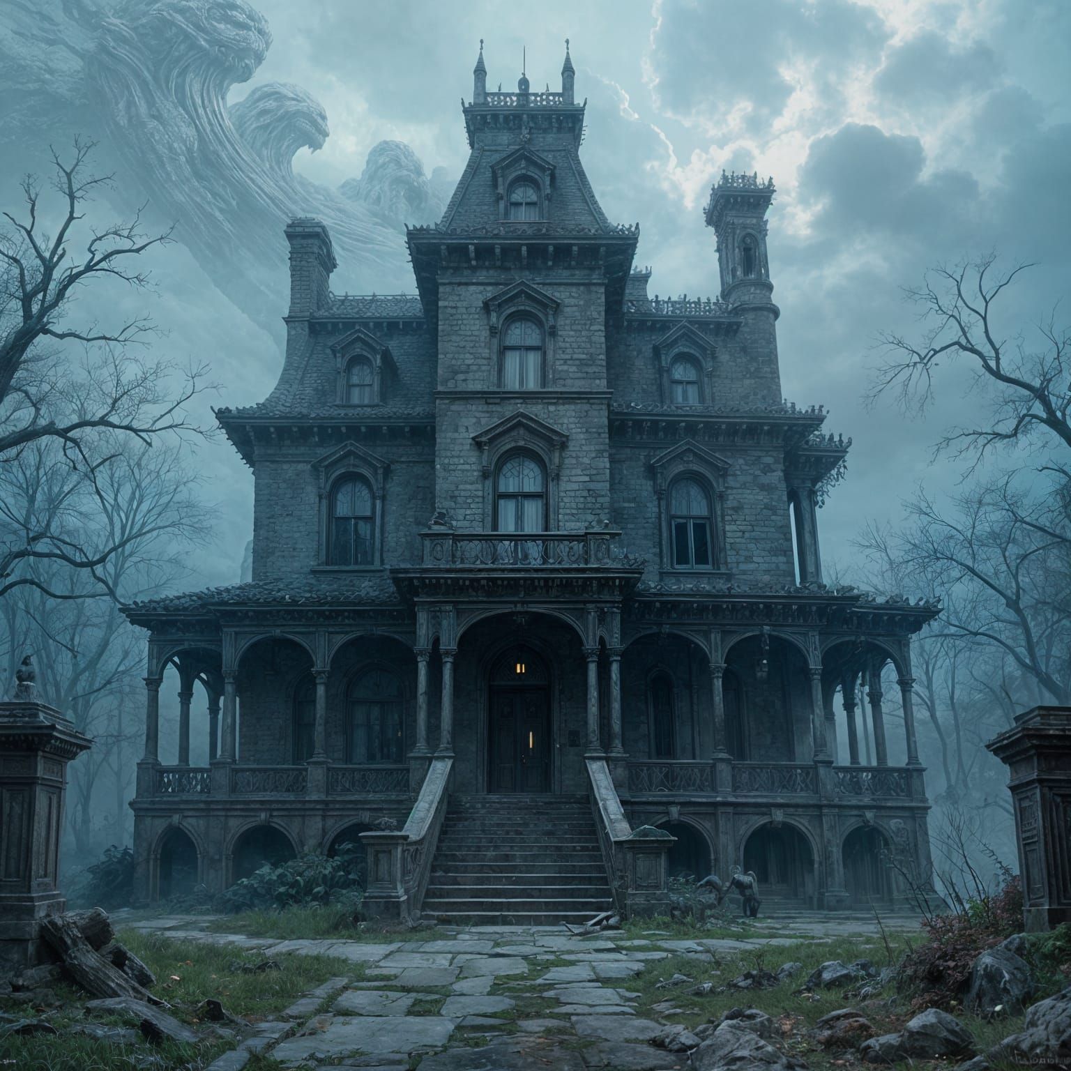 Eldritch Mansion with Creepy Spirits, Horror Art