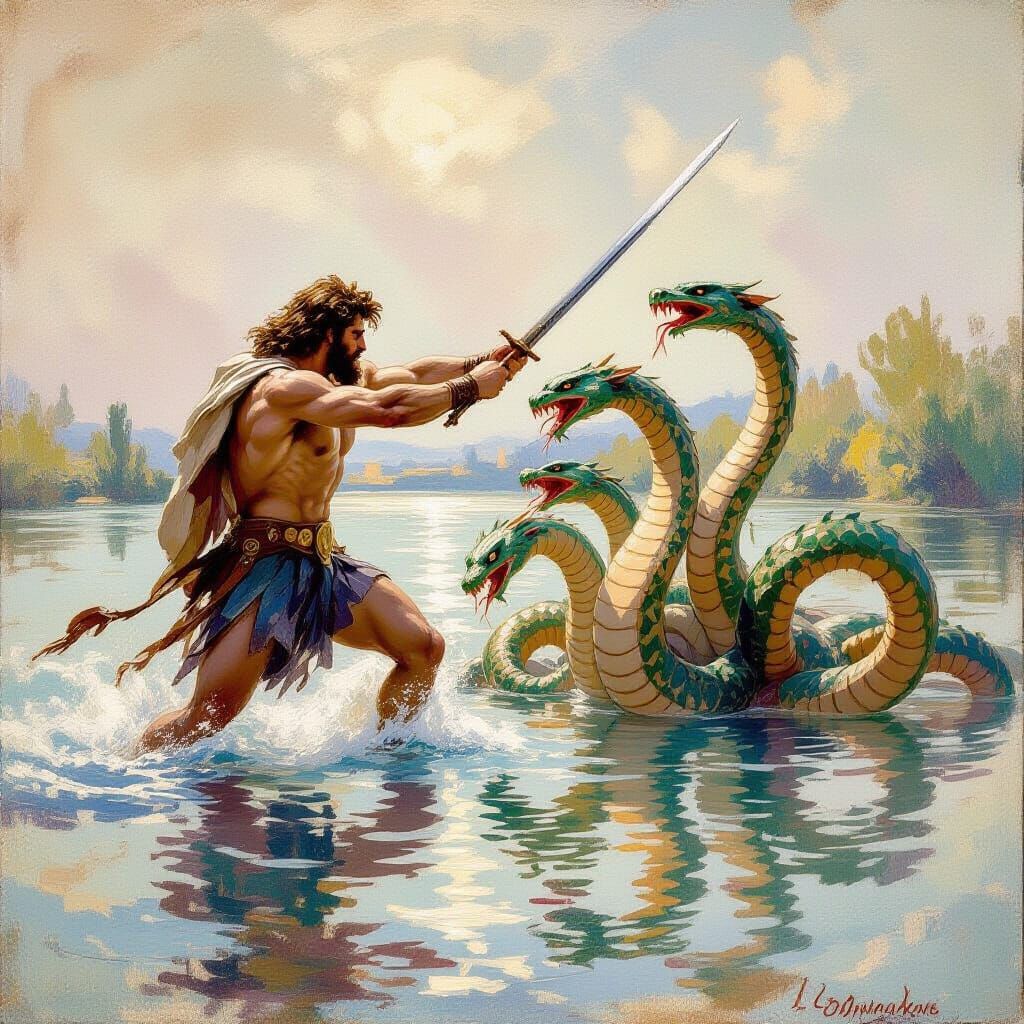 Hercules Battles Hydra in Watercolor River Scene