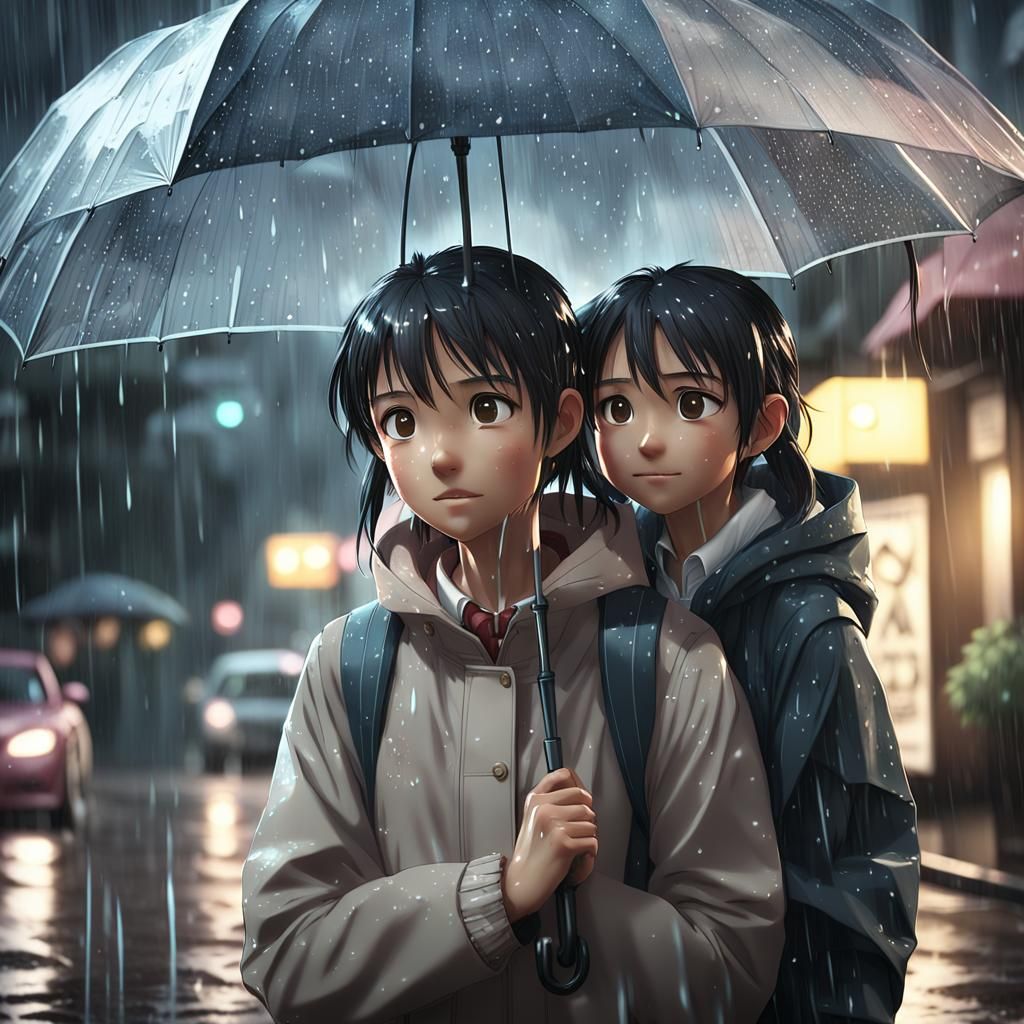 Anime Style: Girl Shields Father in Rain