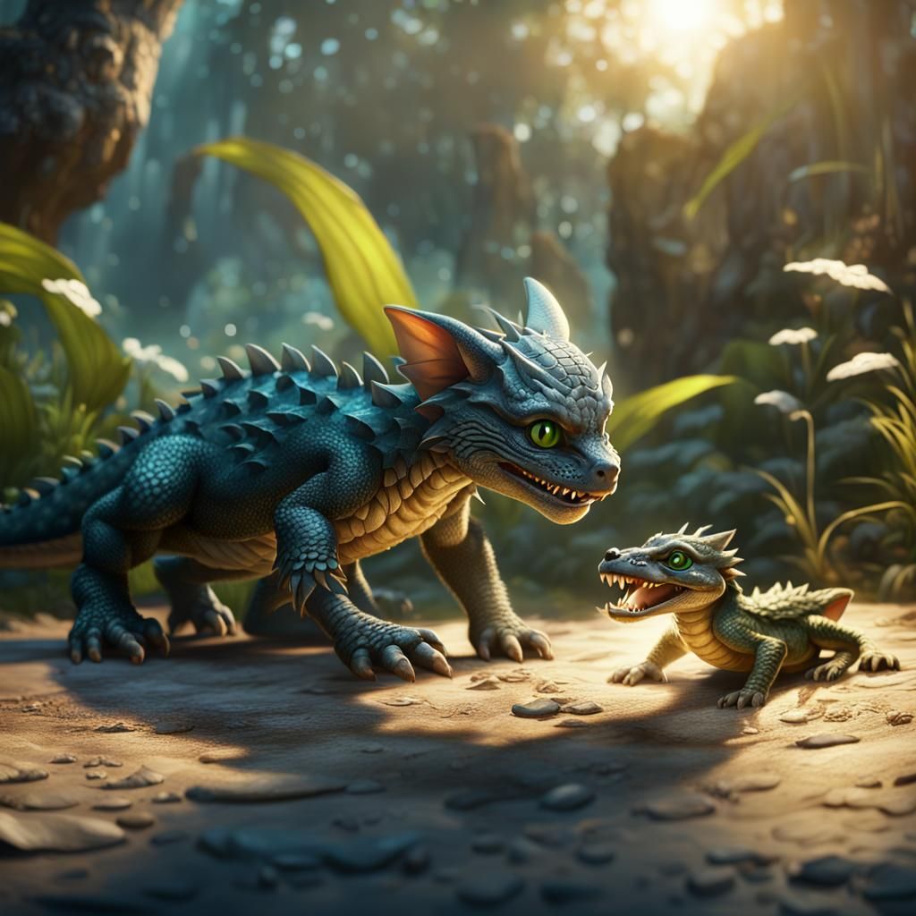 Dragon Kitten and Alligator Playtime: Detailed Matte Paintin...