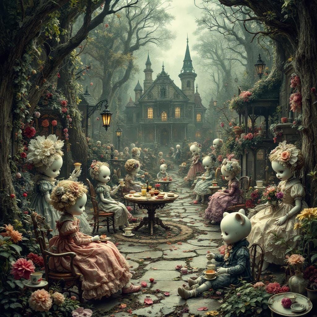 Porcelain Dolls' Miniature City: Whimsical Antique Illustrat...