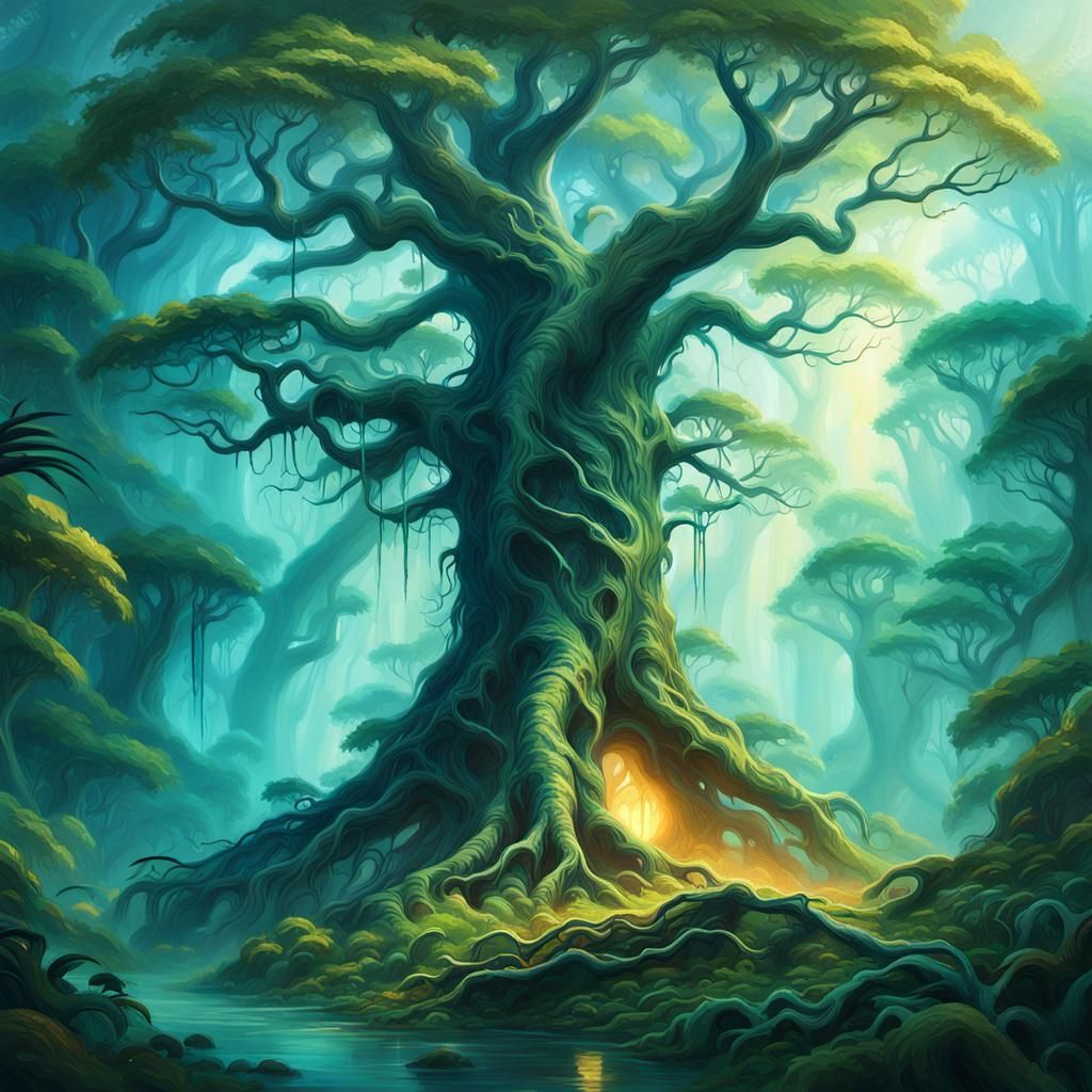 Glowing Ancient Tree in Misty Rainforest Concept Art