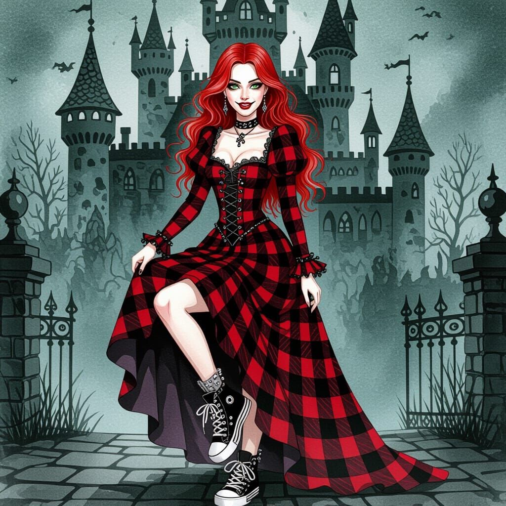 Gothic Woman in Plaid Gown and Sneakers at Castle