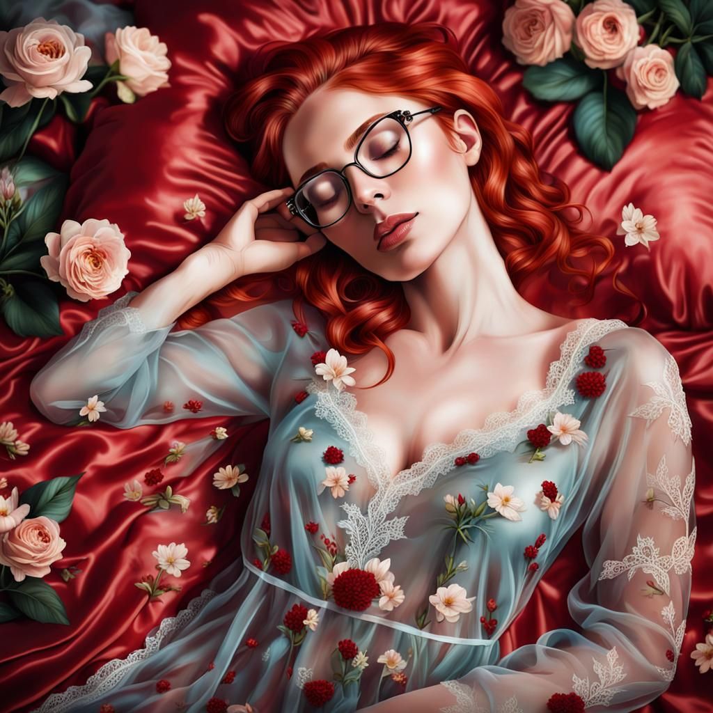 Sleeping Redhead in Silk Sheets Surrounded by Flowers