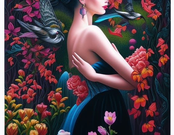 Woman Flying with Birds, Fairytale Pencil Drawing