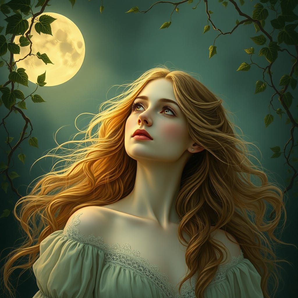 Dreamlike Woman in Lush Greenery, in Pre-Raphaelite Style